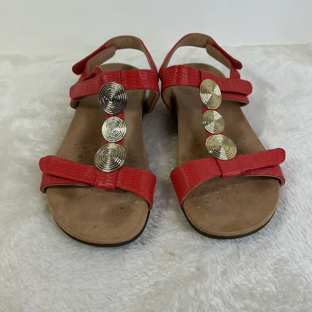 Vionic Farra II Sandal Womens Size 7.5 Red Leather Gold Medallions